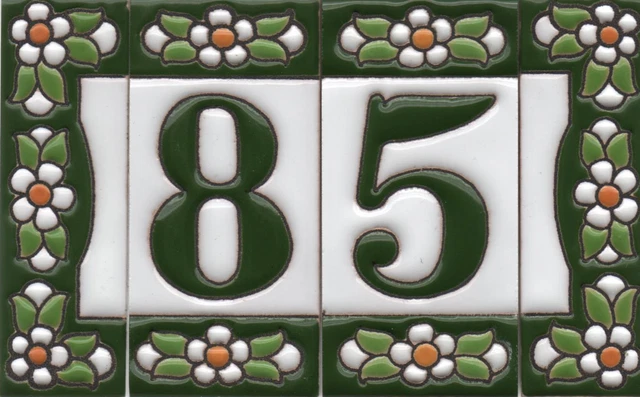 7.5 x 3.5cm Spanish Ceramic Green Floral Number Address Tiles & Metal Frames