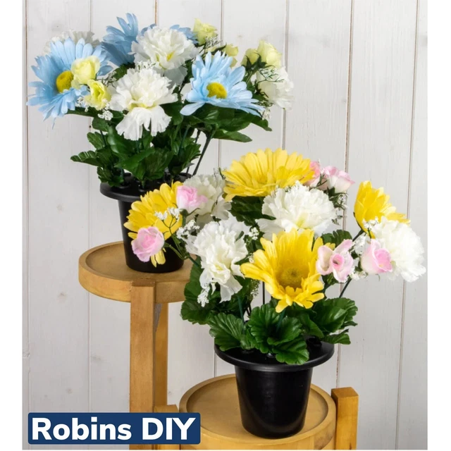 2 X Memorial Grave - Cemetery Pots With Artificial Flowers - Pastel Colours