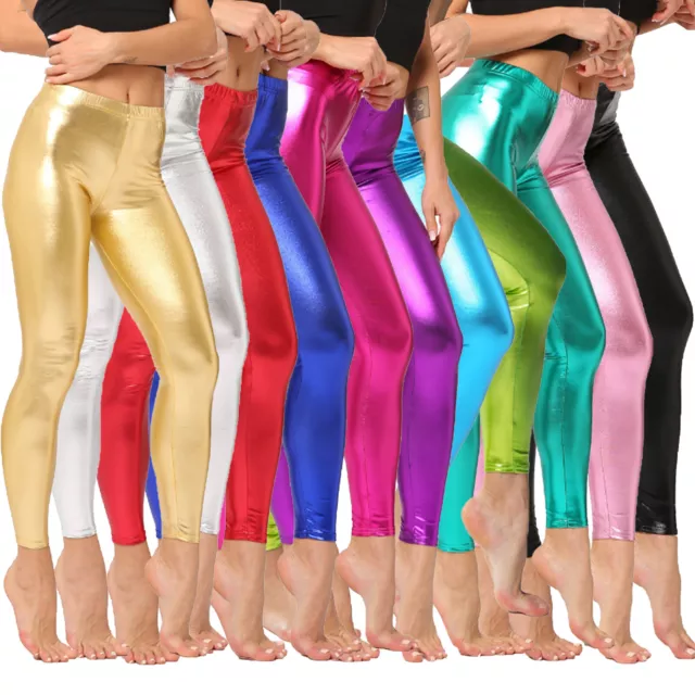 Women's Faux Leather Leggings Shiny Metallic High Waist Skinny Pants Trousers 3