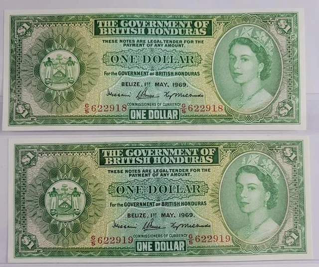 1 Dollar 1969 Belize, British Honduras 2 Consecutive Banknotes AU