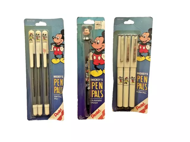 Pentel Pens Pencil Mickey Mouse 3 Packages Pen Pals NIP Roller Ball Point Vtg