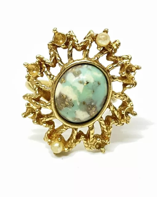 Vintage Sarah Cov faux turquoise gold tone ring adjustable