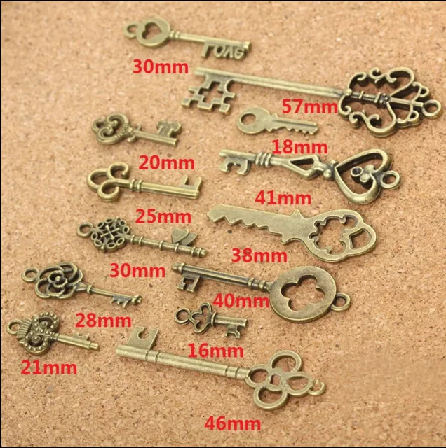 13 PCS Large Vintage Antique Bronze Skeleton Keys Cabinet Barrel Old Lock Set