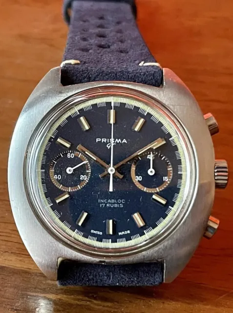 Cronografo vintage acciaio Prisma bicompax carica manuale Valjoux 7733 anni 60