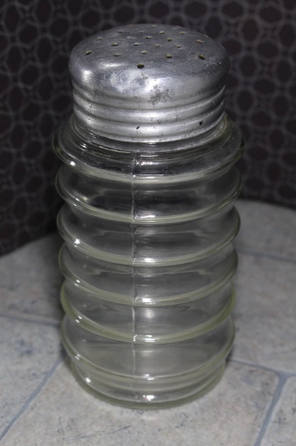 Original Vintage Sellers Hoosier Glass Ribbed Jar Kitchen Cabinet Shaker Lid 2