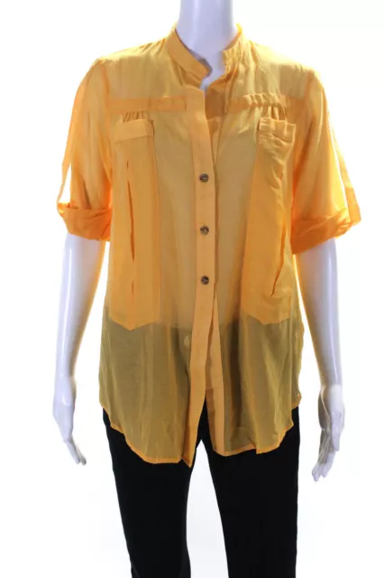 Geren Ford Womens Short Sleeve Voile Button Up Blouse Orange Cotton Silk Small