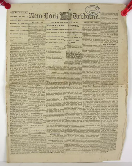 Original June 10 1865 Lincoln Assassination Trial New York Tribune Newspaper