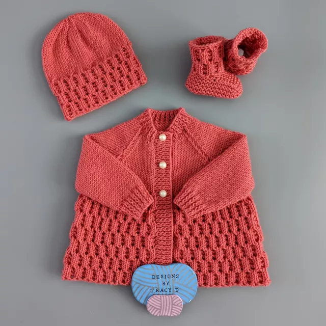 Baby Knitting Patterns  Cardigan, Hat  & Booties from Designs By Tracy D