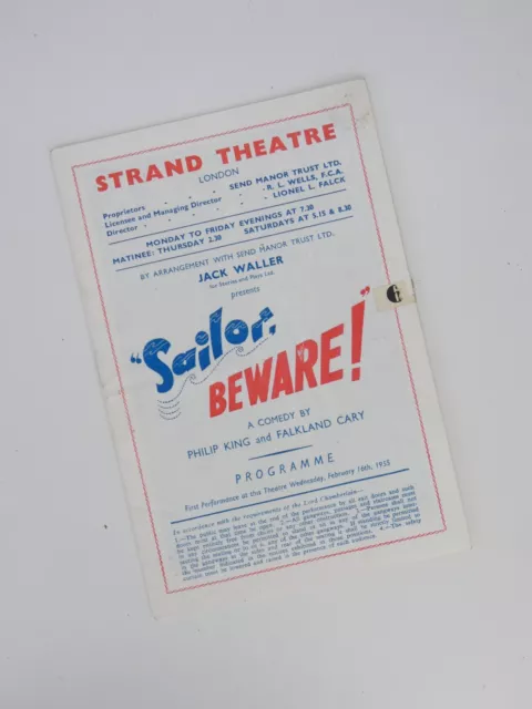 Theatre Program 1955 SAILOR BEWARE Comedy Vintage Phillip King Falkland Cary