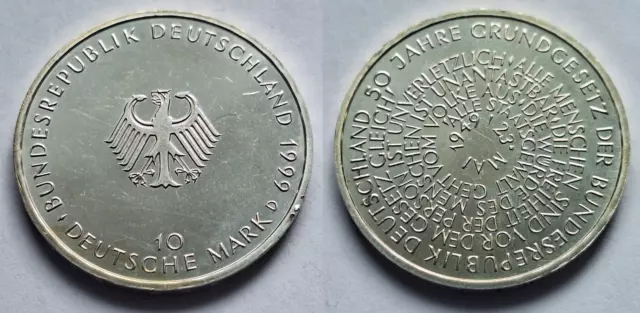 10 DM Deutsche Mark 50 Jahre Grundgesetz 1999 Prägestätte „D“ Silber Gedenkmünze