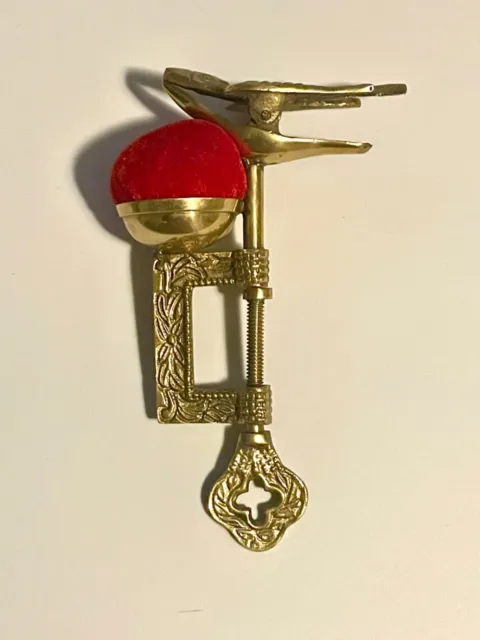 Vintage Victorian Style Brass Sewing Bird Clamp W/ Red Pin Cushion Collection
