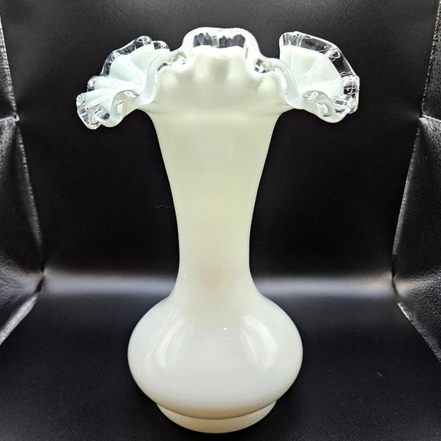 Vintage Fenton Silver Crest Double Crimped Milk Glass 8" Vase