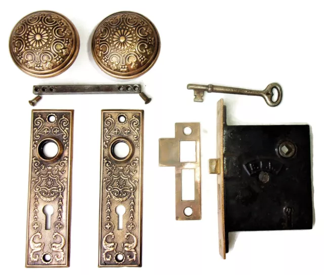 Antique Door Set Victorian / Eastlake Backplate Knob Mortise Lock Key Reclaimed