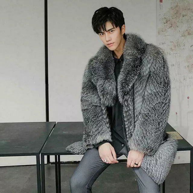 Winter Warm Mens Fashion Lapel Collar Faux Fox Fur Jackets Coats Outwear Parka