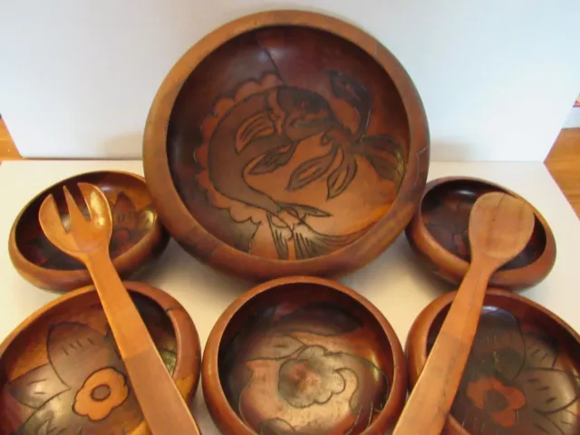 MCM Wooden Salad Bowl Set Hand Turned Carved Two Toned Floral & Fish Bowls Tiki