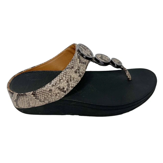 Fitflop Sz 8 Halo Python Snakeskin T-Strap Slip On Sandals Beige Black 3