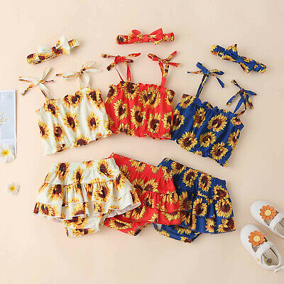 Toddler Baby Girls Sunflower Printed Camisole Tops Ruffles Shorts Headband 3Sets