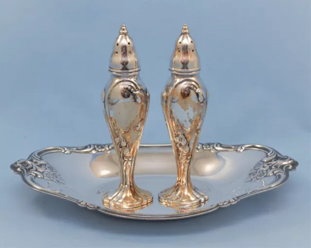 Vintage Silver Plate Salt And Pepper Shakers And Oval Tray Set