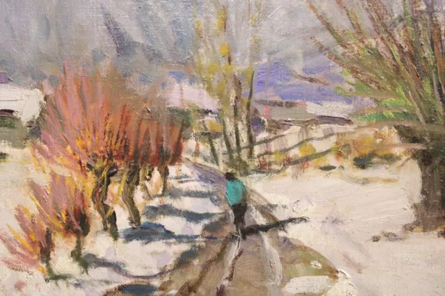 Mario FUMIA (1931-2013) Paesaggio innevato con figura, paesaggio a olio su tela 3