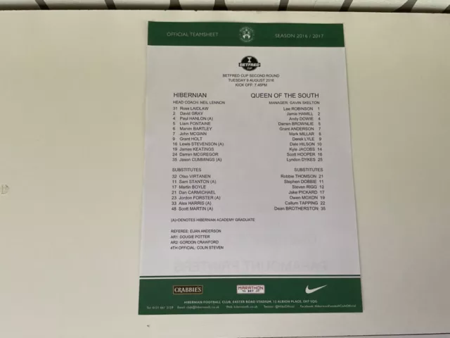 Hibernian Hibs v Queen of the South. August 2016 Team Sheet.