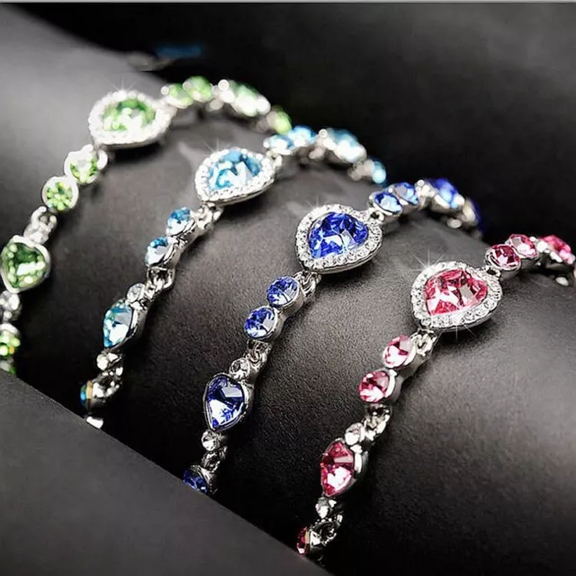 925 Silver Women Heart Crystal Zircon Chain Bracelet Bangle Cuff Wedding Jewelry