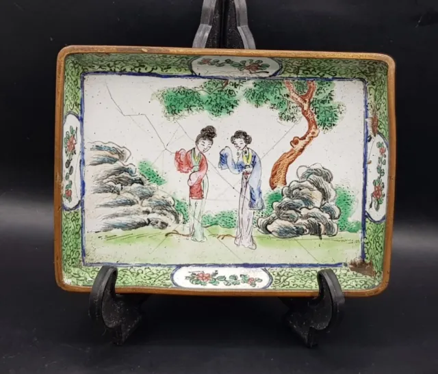 Old Enamel On Copper Pin Tray - Chinese Scene.