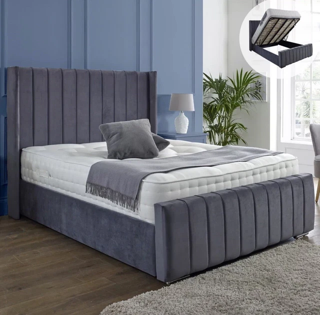 NEW OTTOMAN STORAGE Panel Plush Velvet Upholstered Bed Frame Double