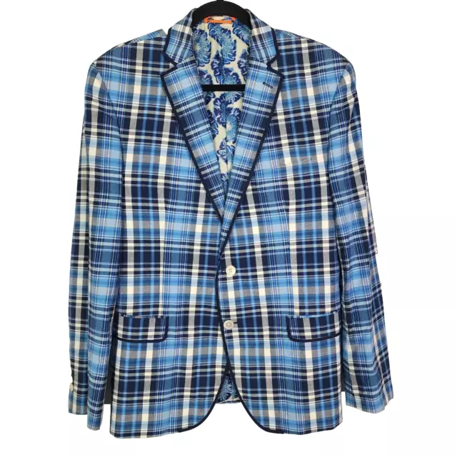 TALLIA Men's Cotton White Blue Plaid Two-Button Blazer Sport Coat Jacket 44R