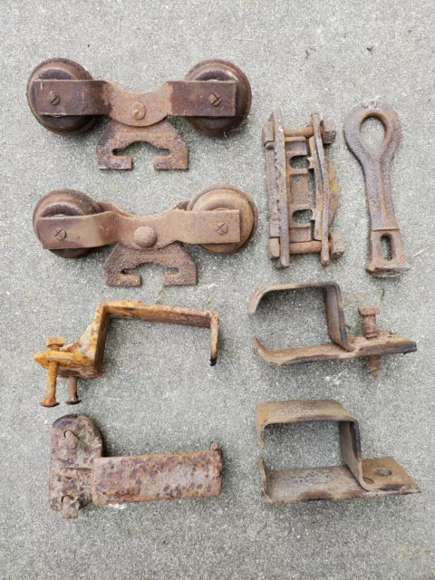 Antique Barn Door Rollers Hangers Brackets Rusty Hardware Parts Lot