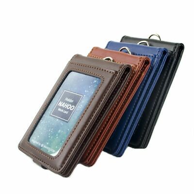 ID Badge Holder Genuine Leather Vertical Case Card Name Tag Lanyard Retractable