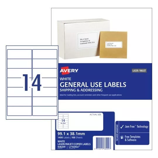 AVERY 938209 - White General Use Labels - 99.1x38.1mm - RRP $69.95 - 100 Sheets