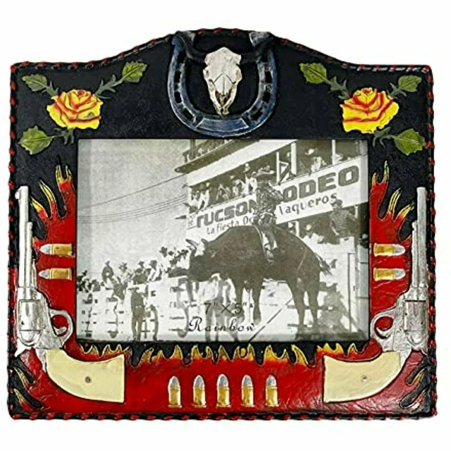 Urbalabs Cowboy Six Shooter Longhorn Flames Western Decor Picture Frame 7 x 5
