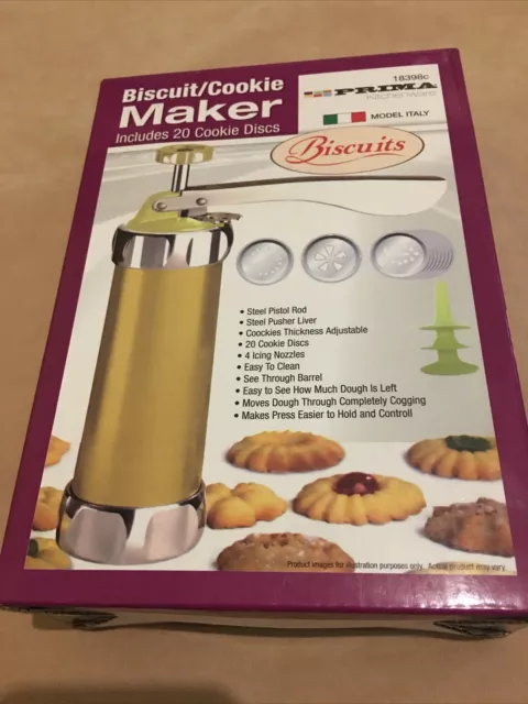 Biscuit Cookie Maker Gold 20 Different Shape Discs 4 Icing Nozzles Boxed New