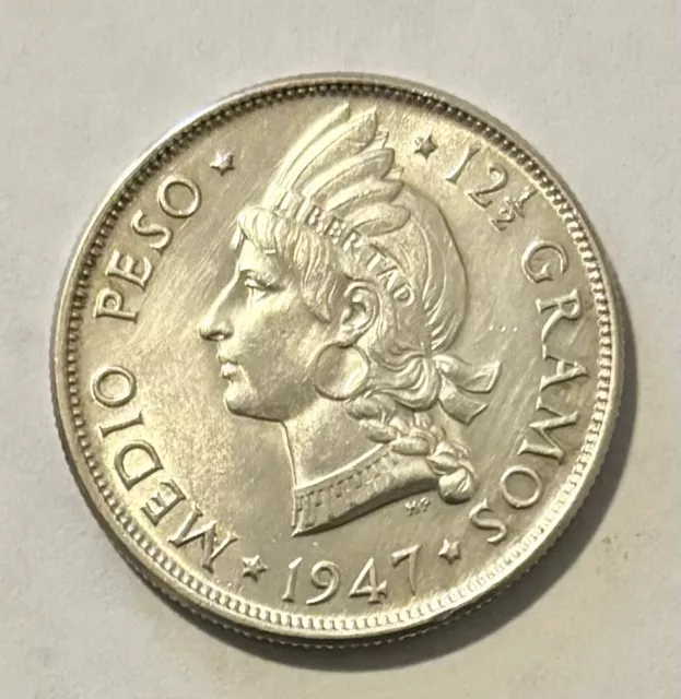 1947 Dominican Republic Silver 1/2 Peso Au