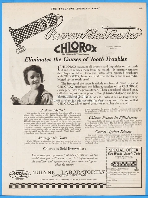 1920 Nulyne Laboratories Jackson MI Chlorox Tooth Paste Remove That Tartar ad