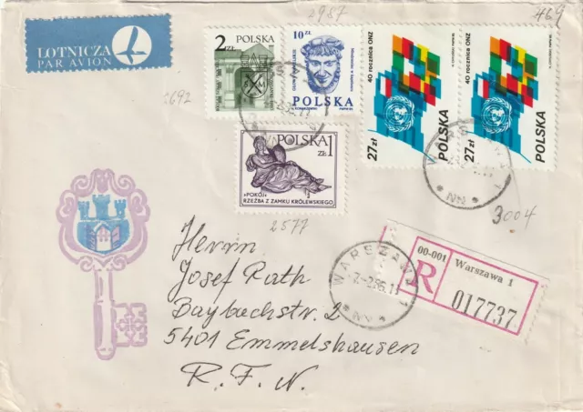 1986 Poland registered cover sent from Warsaw to Emmelshausen Germany