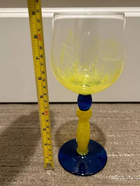 Bohemian Art Glass Stemware Wine Glass Yellow Blue Czech Republic Blown Fused