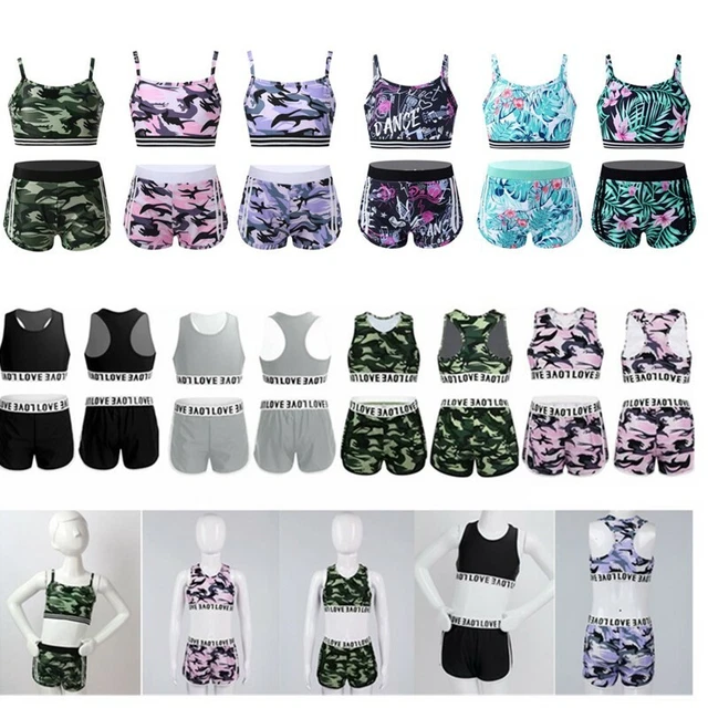 Kids Girls 2 Pieces Dance Sports Crop Top Shorts Set Summer Athletic Tracksuit