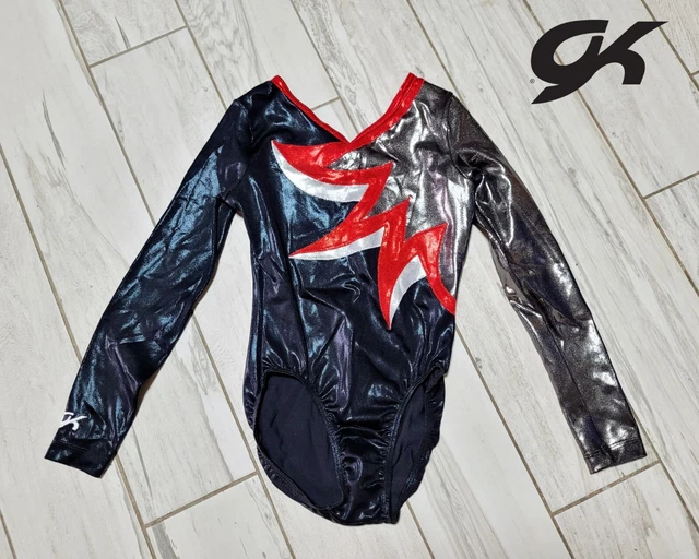 COMPETITION GK Elite gymnastics Leotard AM Medium Long Sleeve Silver Black Red