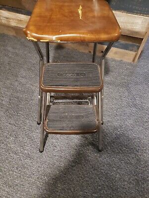 Vintage Cosco Pull Out Step Stool Chair Chrome Original Brown **Tears in Seat Fa 4