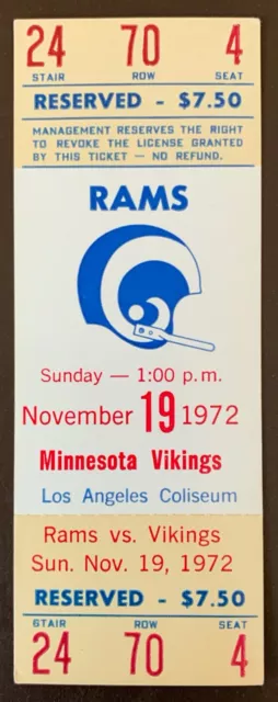 Los Angeles Rams 11/19/1972 ORIGINAL NFL ticket vs Minnesota Vikings
