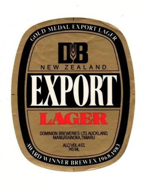 New Zealand Beer Label - Dominion Breweries Ltd, Auckland - DB Export Lager