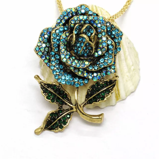 Hot Betsey Johnson  Blue Bling Lovely Rose Flower Crystal Pendant Necklace