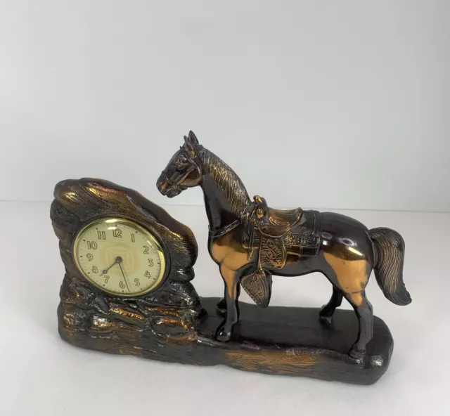 Vintage Rare Copper Lux Clock MFG Mantle Clock Western Horse Clock Manual Wind