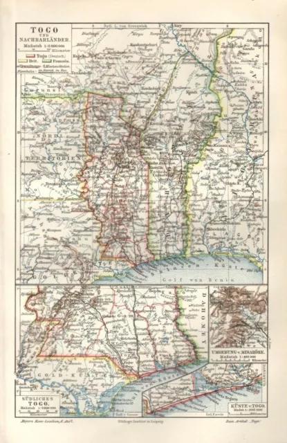 TOGO  und Nachbarländer Lagos Golf von Benin Gold Küste Kolonien LANDKARTE  1907
