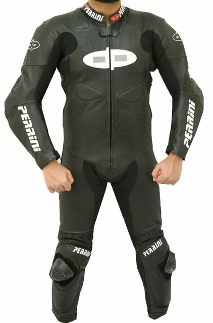 1pc Perrini Fusion Motorcycle Riding Racing Leather Suit w/ Padding & Hump Black