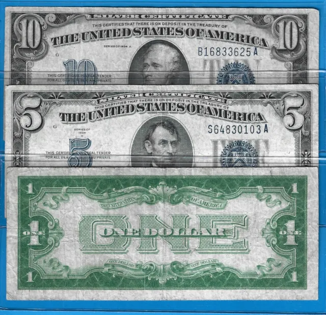 1934 $1/1934D $5/1934A $10 Silver Certificates-FB Note,Blue Seal,Circ F/VF,Nice!