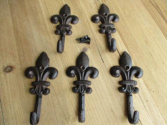 5 Cast Iron Fleur De Lis Coat Hooks Hook Hall Tree Hat Dog Leash Fluer French