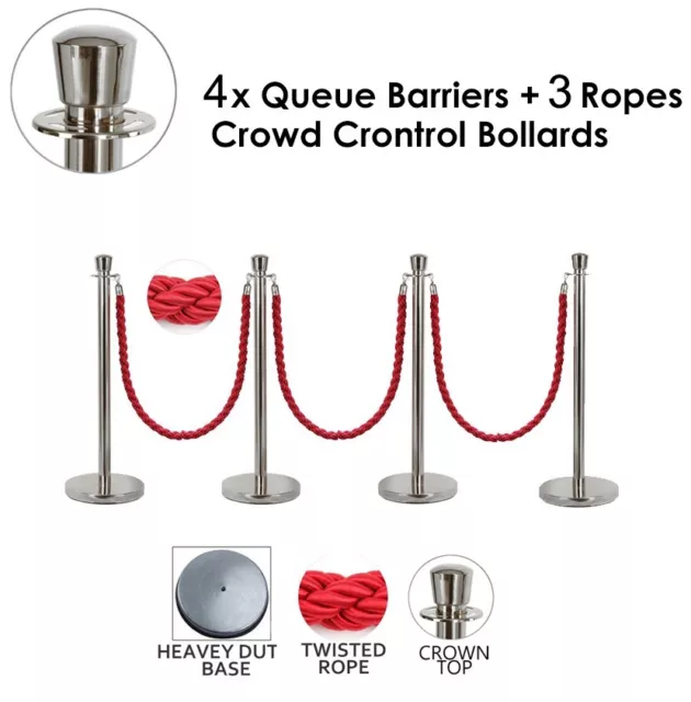 4x Queue Barriers F+ 3 Ropes Crowd Control Bollards Stands(SILVER WITH RED ROPE)