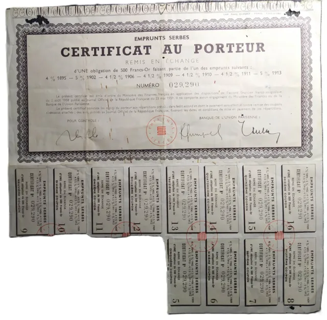 Emprunts Serbes (Ex-Yougoslavie) Certificat Au Porteur